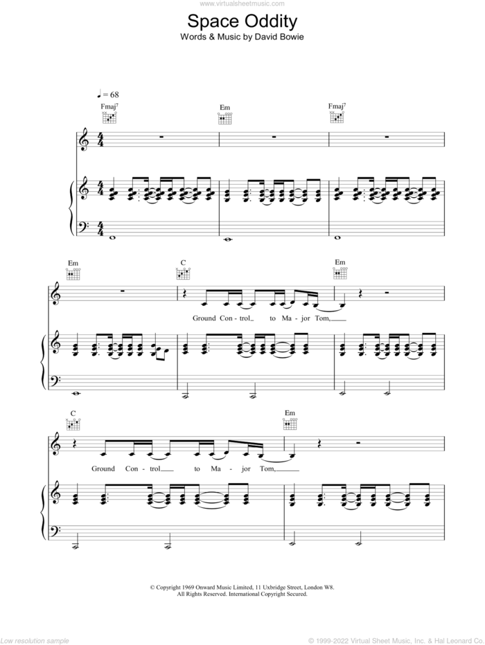 Space Oddity sheet music for voice, piano or guitar by David Bowie, intermediate skill level
