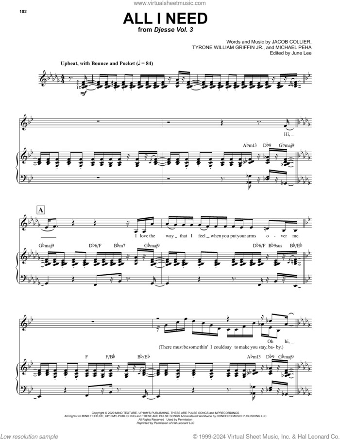 All I Need (with Mahalia and Ty Dolla $ign) sheet music for voice and piano by Jacob Collier, Michael Peha and Tyrone William Griffin Jr., intermediate skill level