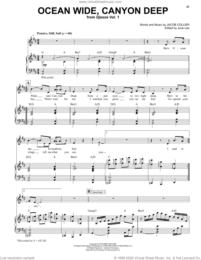 Ocean Wide, Canyon Deep (feat. Laura Mvula) sheet music for voice and piano by Jacob Collier, intermediate skill level