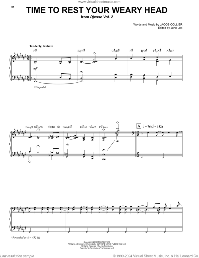 Time To Rest Your Weary Head sheet music for voice and piano by Jacob Collier, intermediate skill level