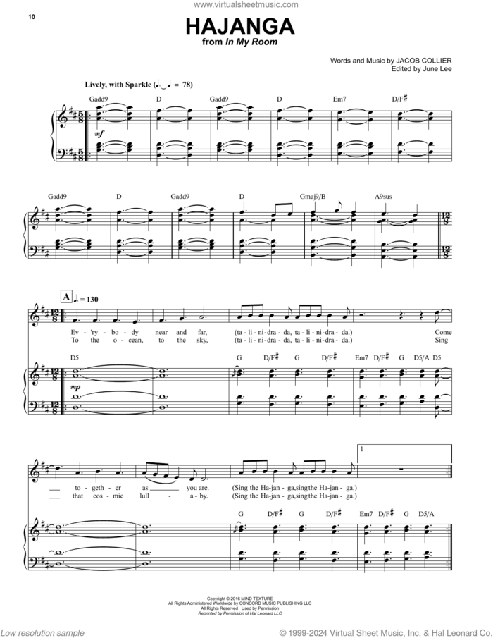 Hajanga sheet music for voice and piano by Jacob Collier, intermediate skill level