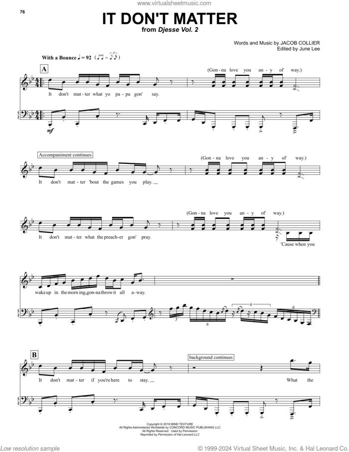 It Don't Matter (feat. JoJo) sheet music for voice and piano by Jacob Collier, intermediate skill level