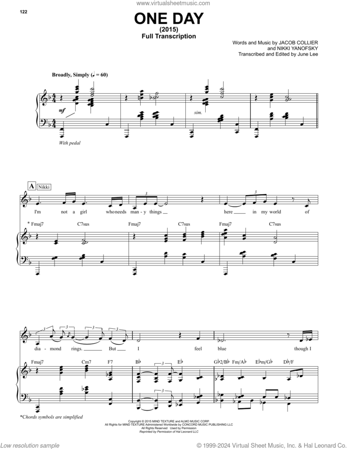 One Day sheet music for voice and piano by Jacob Collier and Nikki Yanofsky, intermediate skill level