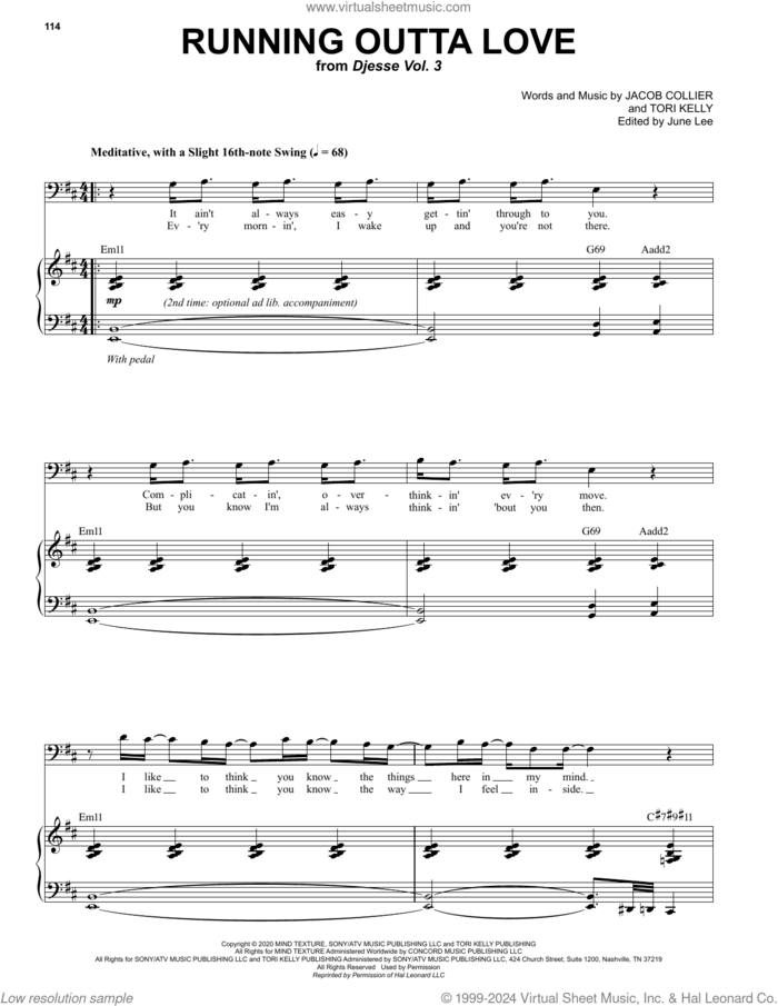 Running Outta Love (feat. Tori Kelly) sheet music for voice and piano by Jacob Collier and Tori Kelly, intermediate skill level