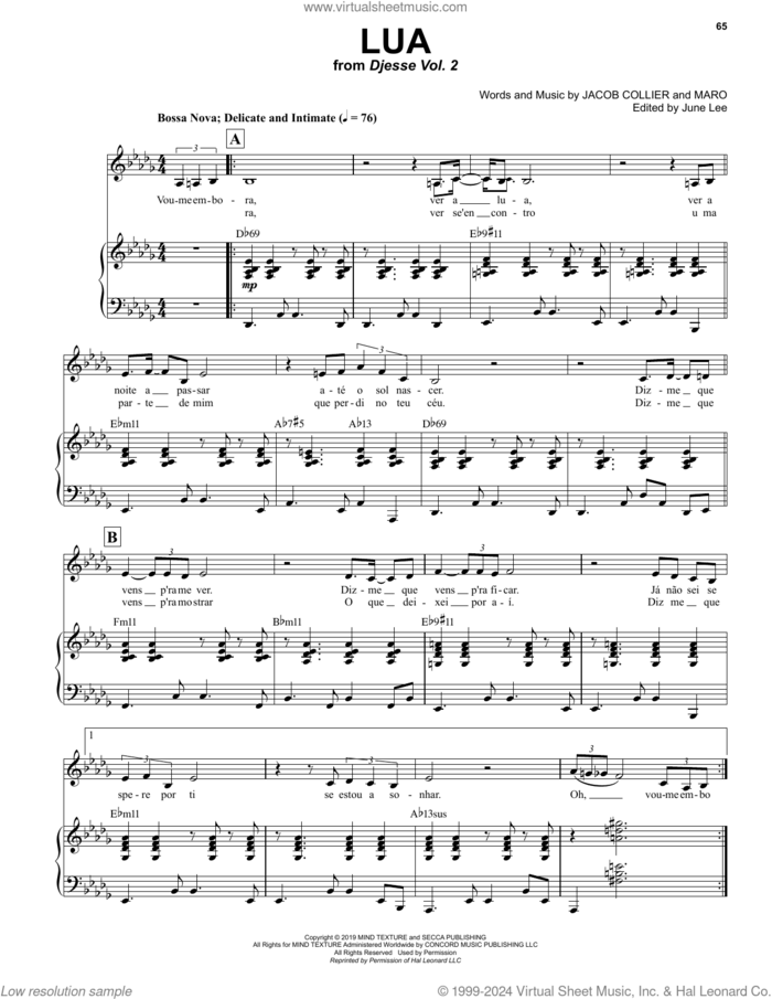 Lua (feat. MARO) sheet music for voice and piano by Jacob Collier and Mariana Secca, intermediate skill level