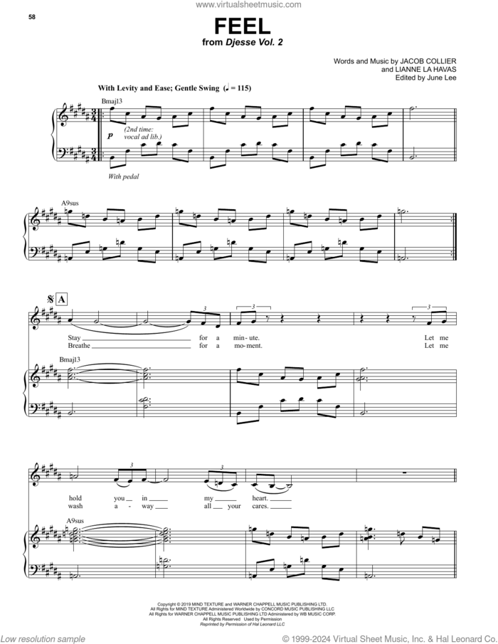 Feel (feat. Lianne La Havas) sheet music for voice and piano by Jacob Collier and Lianne La Havas, intermediate skill level