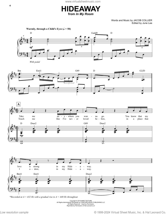 Hideaway sheet music for voice and piano by Jacob Collier, intermediate skill level
