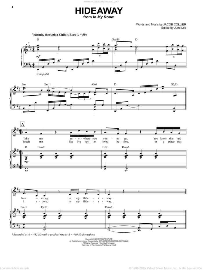 Hideaway sheet music for voice and piano by Jacob Collier, intermediate skill level