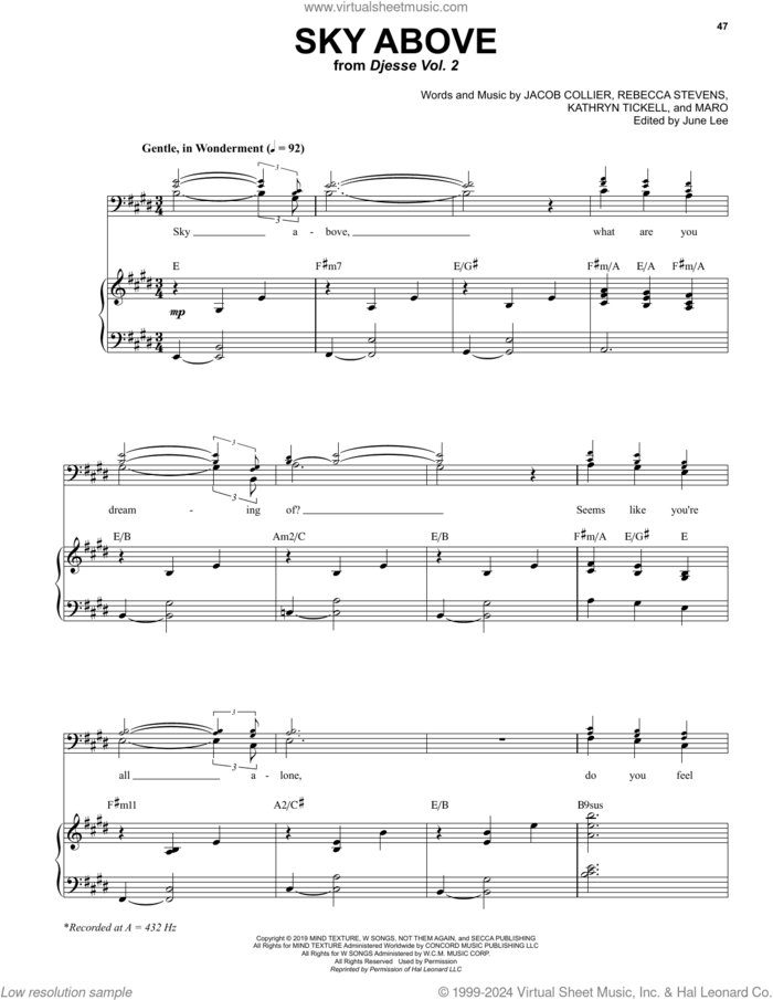 Sky Above sheet music for voice and piano by Jacob Collier, Kathryn Tickell, Mariana Secca and Rebecca Stevens, intermediate skill level
