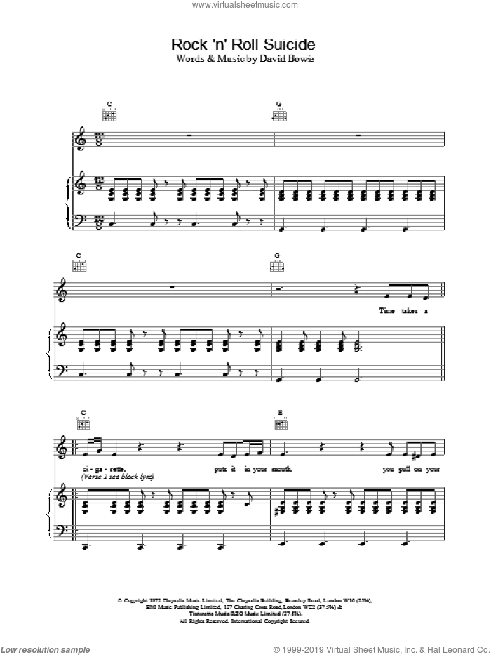 Rock 'N' Roll Suicide sheet music for voice, piano or guitar by David Bowie, intermediate skill level