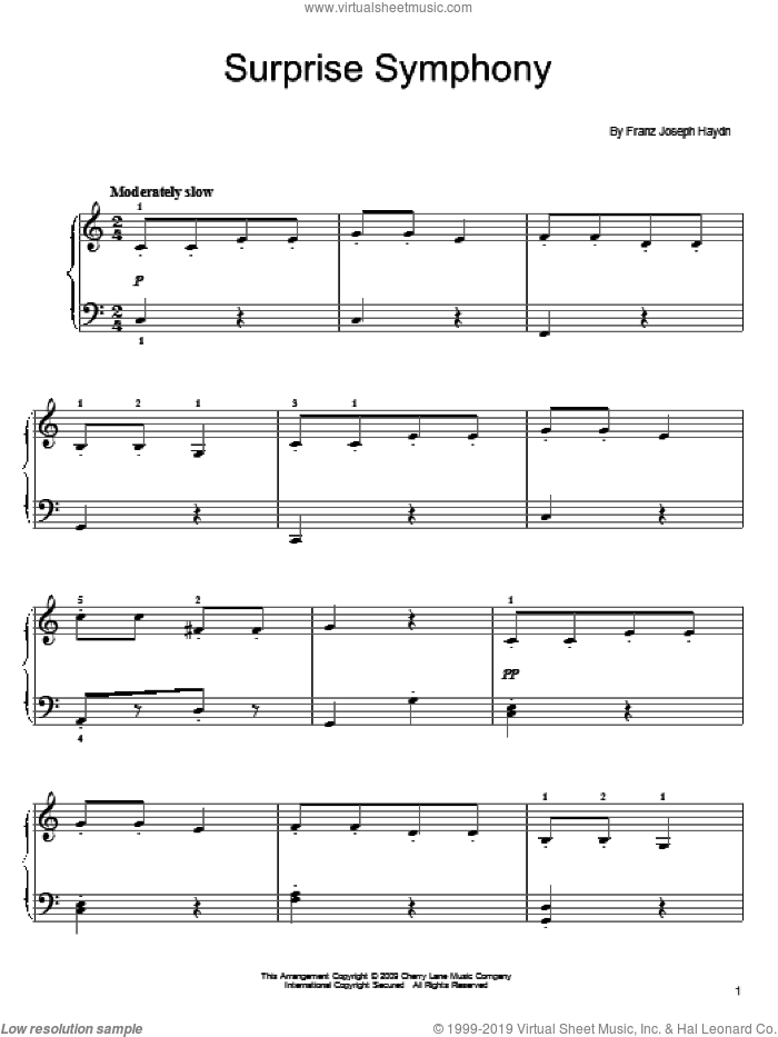 The Surprise Symphony, (easy) sheet music for piano solo by Franz Joseph Haydn, classical score, easy skill level