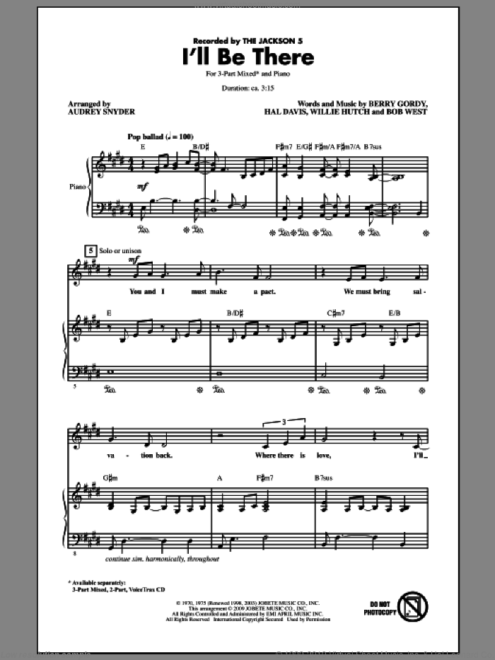 I'll Be There (arr. Audrey Snyder) sheet music for choir (3-Part Mixed) by Berry Gordy, Bob West, Hal Davis, Willie Hutch, Audrey Snyder, Michael Jackson and The Jackson 5, intermediate skill level