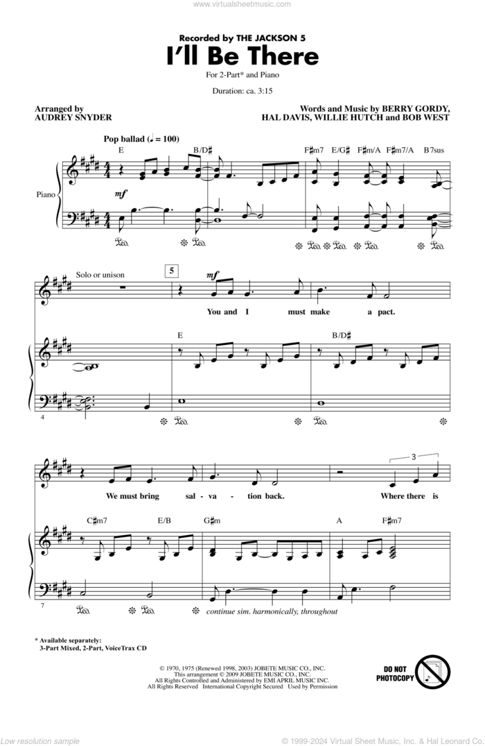 I'll Be There (arr. Audrey Snyder) sheet music for choir (2-Part) by Berry Gordy, Bob West, Hal Davis, Willie Hutch, Audrey Snyder, Michael Jackson and The Jackson 5, intermediate duet
