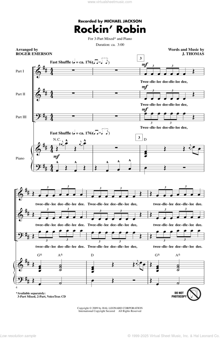 Rockin' Robin (arr. Roger Emerson) sheet music for choir (3-Part Mixed) by Thomas Jimmie, Bobby Day, Michael Jackson and Roger Emerson, intermediate skill level