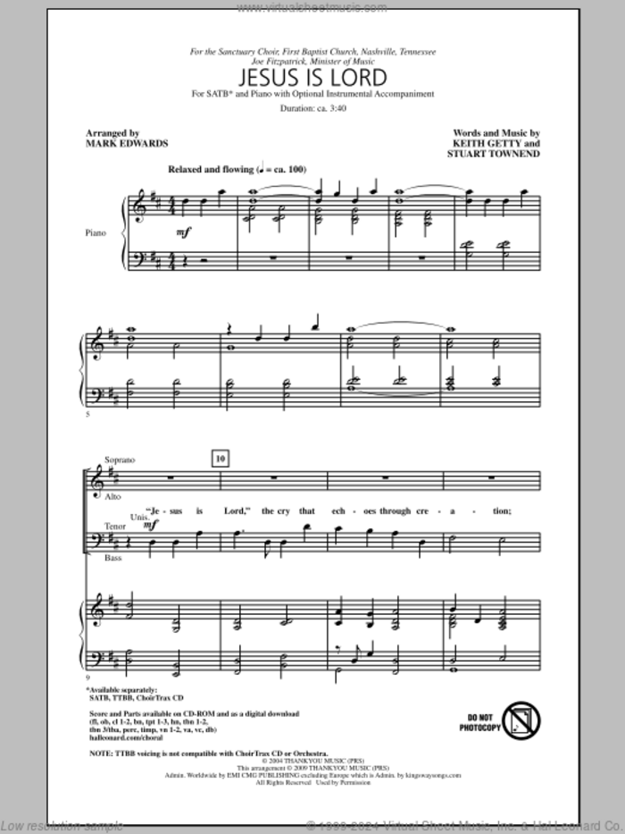 Jesus Is Lord sheet music for choir (SATB: soprano, alto, tenor, bass) by Stuart Townend, Keith Getty and Mark Edwards, intermediate skill level