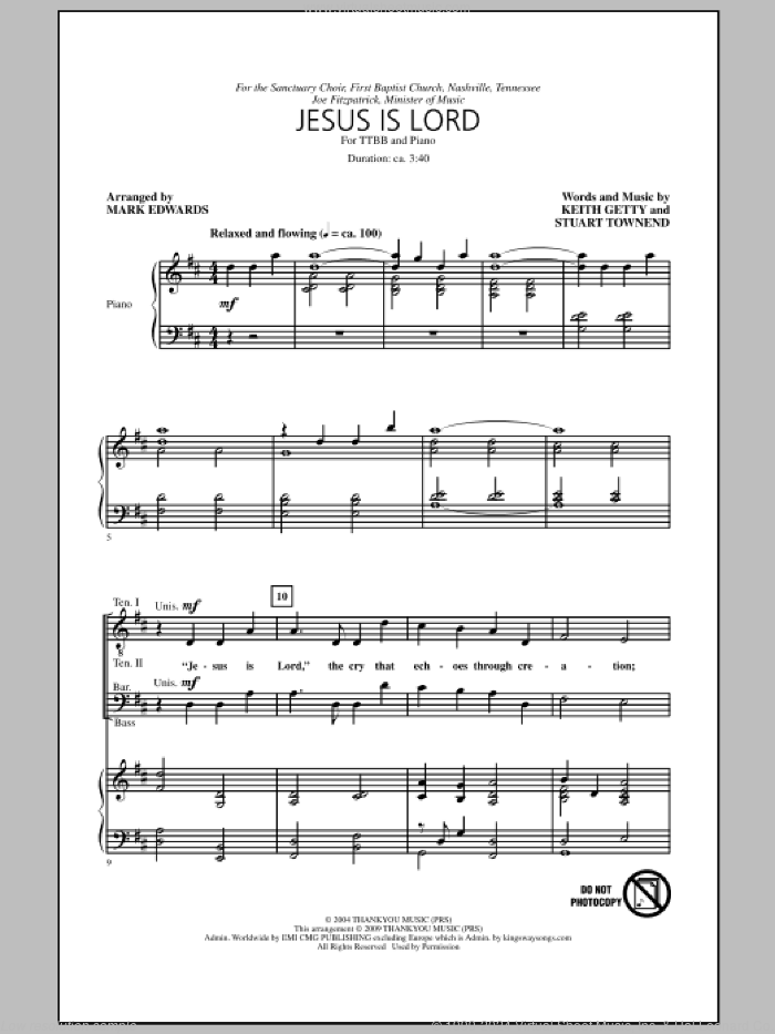Jesus Is Lord sheet music for choir (TTBB: tenor, bass) by Stuart Townend, Keith Getty and Mark Edwards, intermediate skill level
