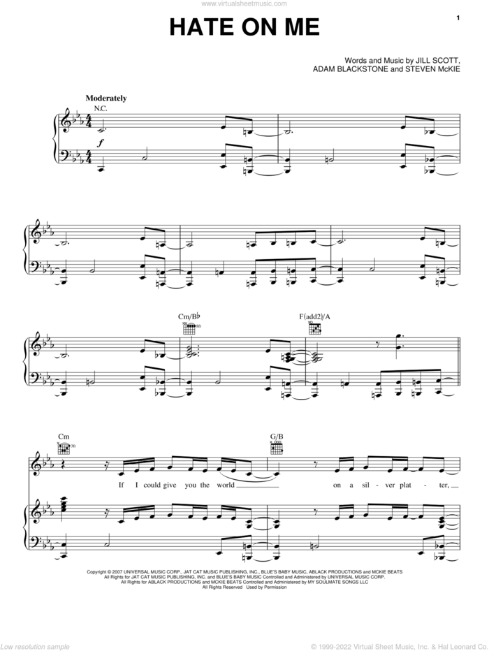 Hate On Me sheet music for voice, piano or guitar by Jill Scott, Miscellaneous, Adam Blackstone and Steven McKie, intermediate skill level