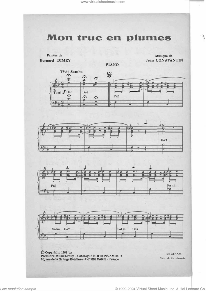 Mon Truc En Plumes sheet music for voice and piano by Jean Constantin and Bernard Dimey, classical score, intermediate skill level