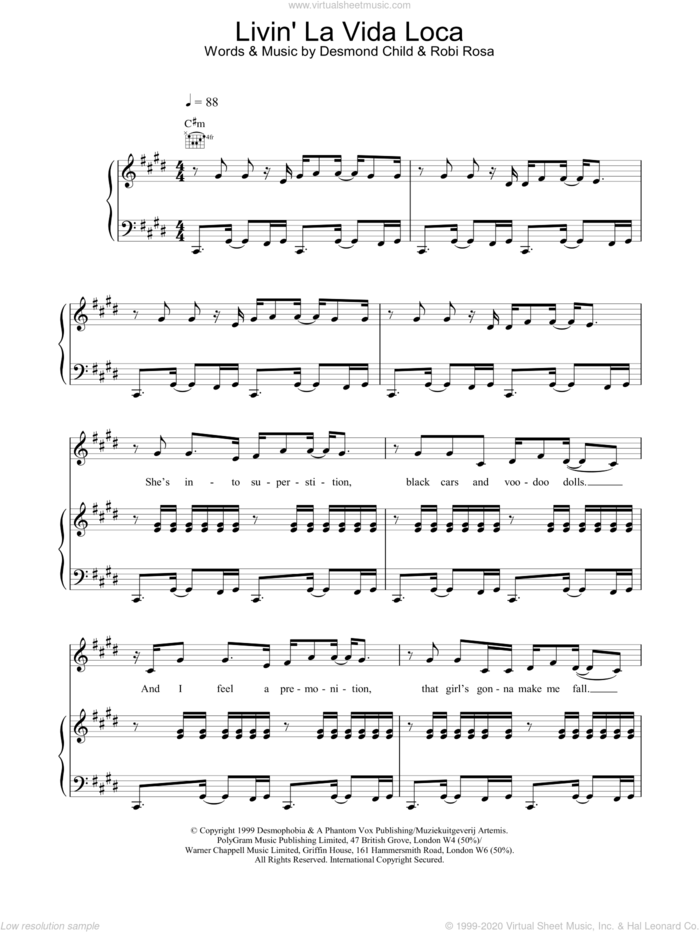 Livin' La Vida Loca sheet music for voice, piano or guitar by Ricky Martin, intermediate skill level