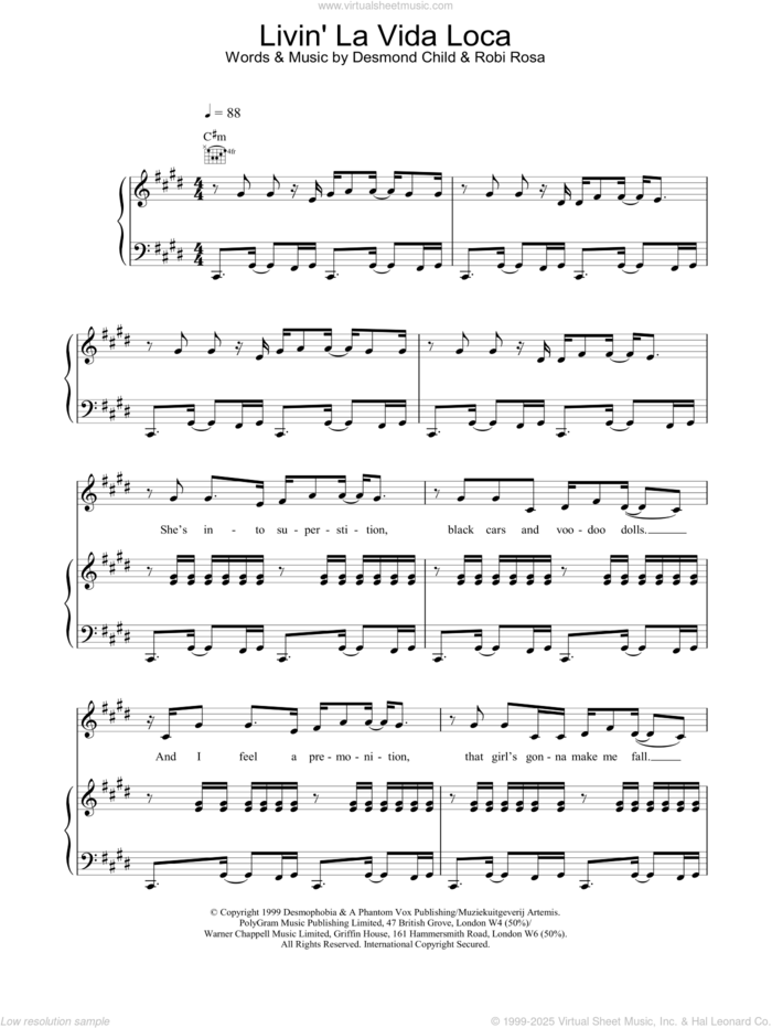 Livin' La Vida Loca sheet music for voice, piano or guitar by Ricky Martin, intermediate skill level