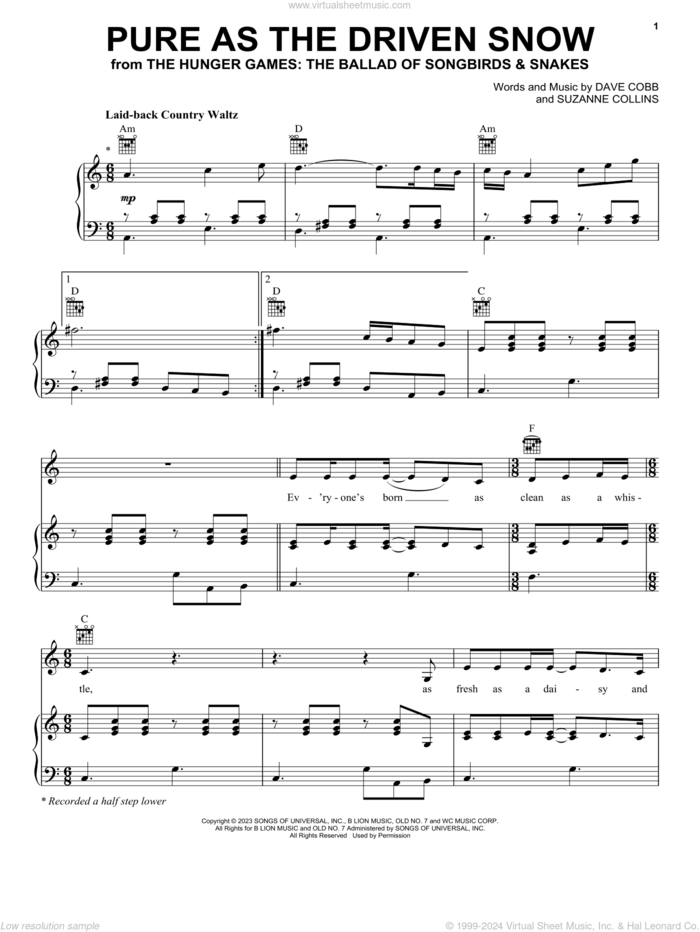 Pure As The Driven Snow (from The Hunger Games: The Ballad of Songbirds and Snakes) sheet music for voice, piano or guitar by Rachel Zegler, Dave Cobb and Suzanne Collins, intermediate skill level