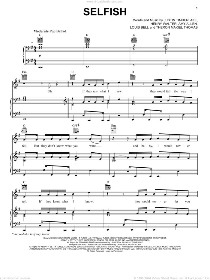 Selfish sheet music for voice, piano or guitar by Justin Timberlake, Amy Allen, Henry Walter, Louis Bell and Theron Makiel Thomas, intermediate skill level