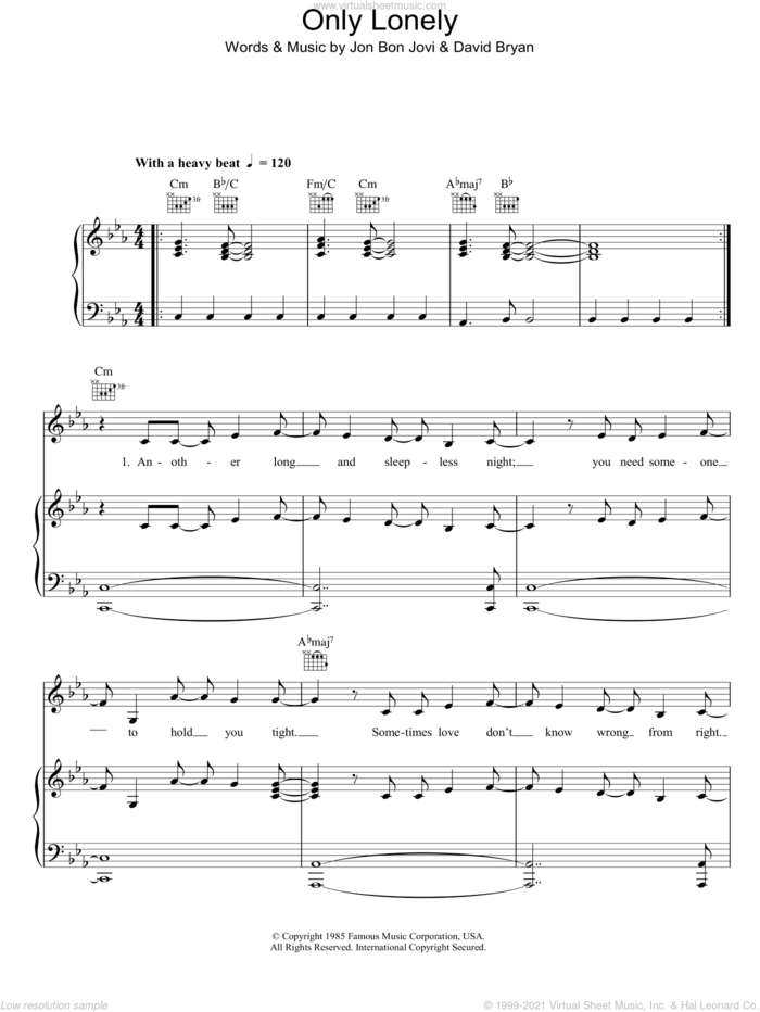 Only Lonely sheet music for voice, piano or guitar by Bon Jovi and David Bryan, intermediate skill level