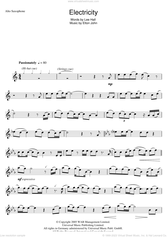 Electricity sheet music for voice and other instruments (fake book) by Elton John and Lee Hall, intermediate skill level