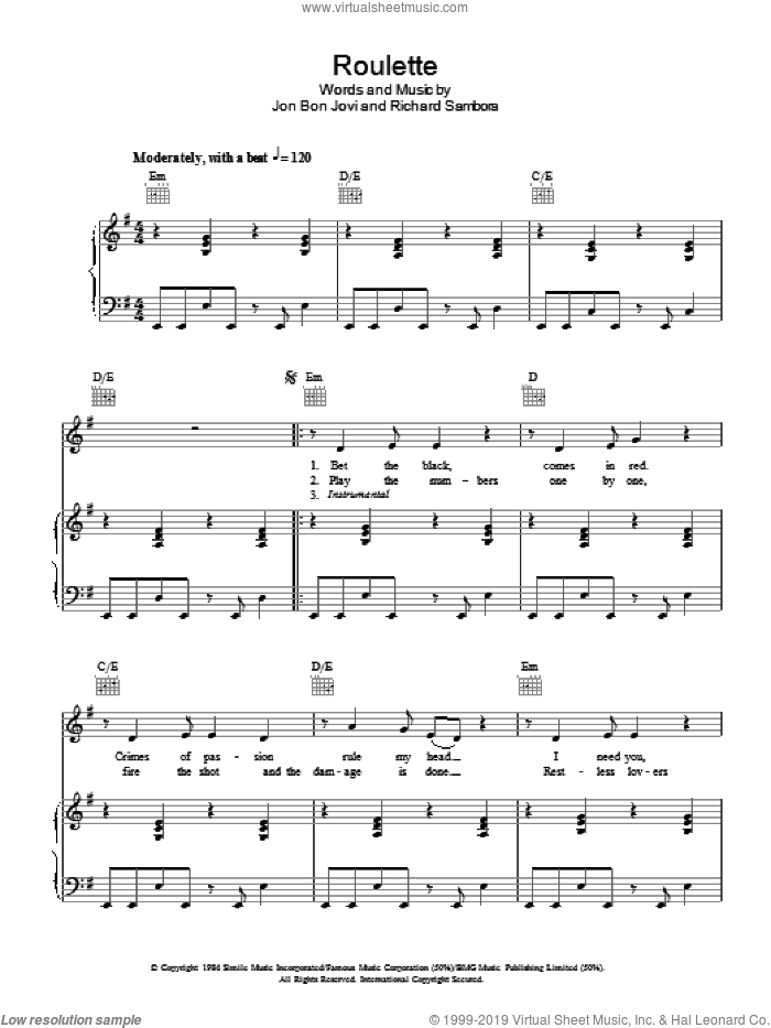 Roulette sheet music for voice, piano or guitar by Bon Jovi and Richie Sambora, intermediate skill level