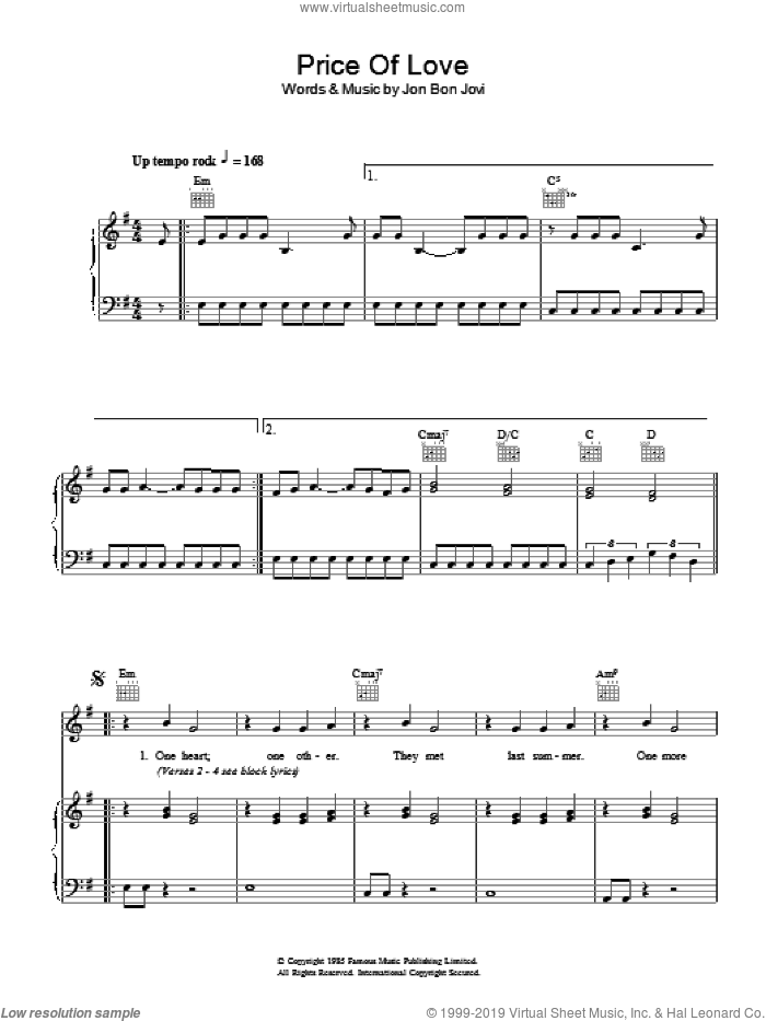 Price Of Love sheet music for voice, piano or guitar by Bon Jovi, intermediate skill level