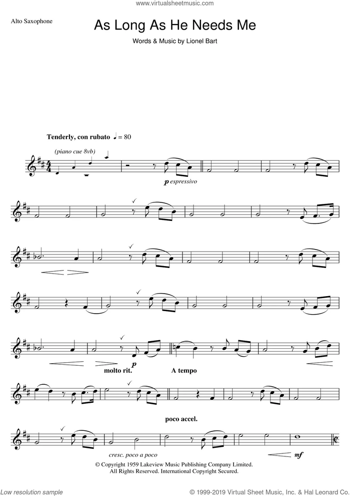 As Long As He Needs Me sheet music for voice and other instruments (fake book) by Lionel Bart and Oliver! (Musical), intermediate skill level