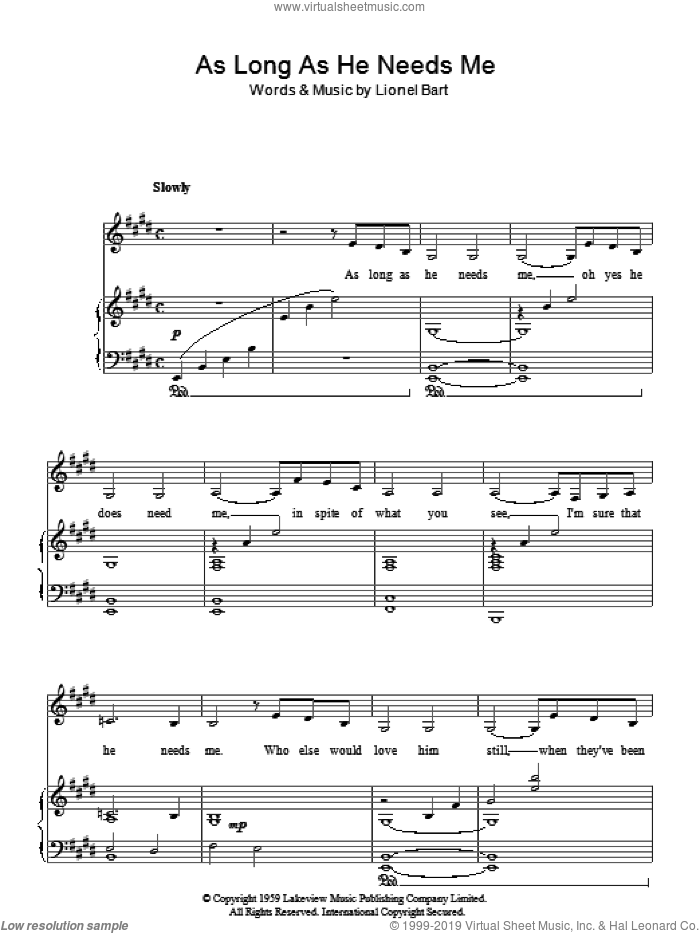 As Long As He Needs Me, (easy) sheet music for piano solo by Lionel Bart and Oliver! (Musical), easy skill level