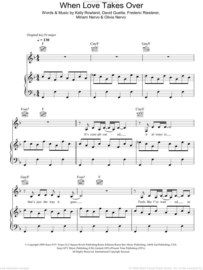 When Love Takes Over sheet music for voice, piano or guitar by David Guetta featuring Kelly Rowland, David Guetta, Frederic Riesterer, Kelly Rowland, Miriam Nervo and Olivia Nervo, intermediate skill level