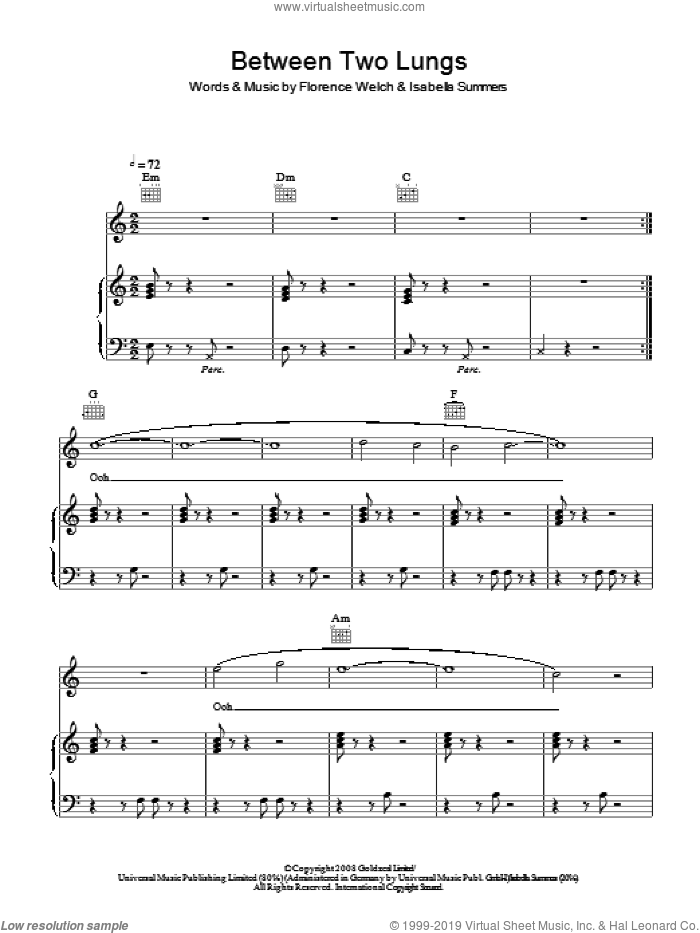 Between Two Lungs sheet music for voice, piano or guitar by Florence And The Machine, Florence And The  Machine, Florence Welch and Isabella Summers, intermediate skill level