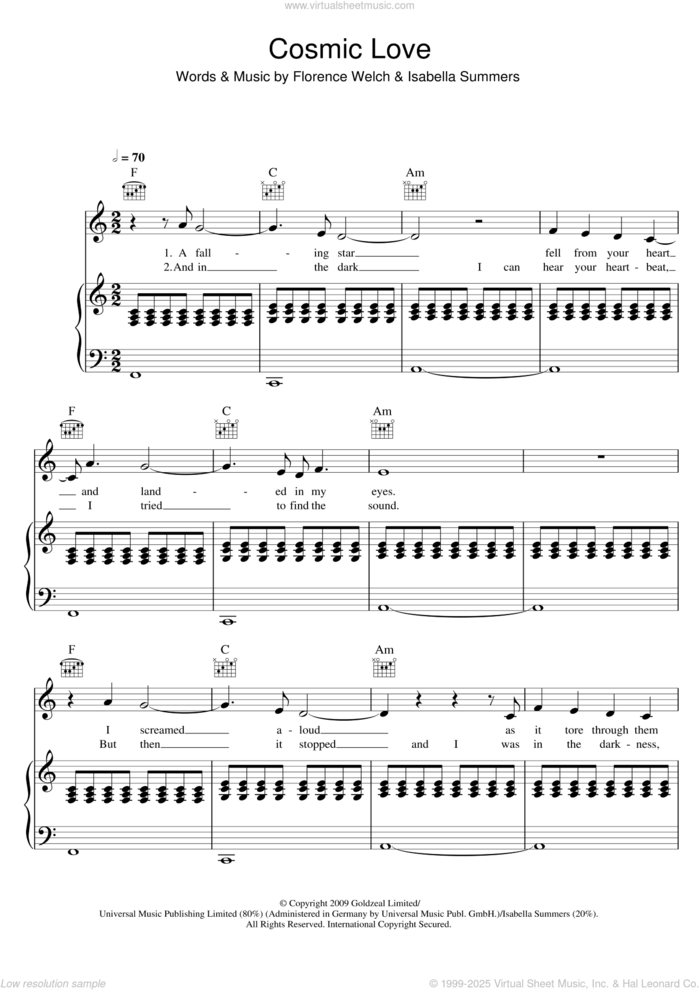 Cosmic Love sheet music for voice, piano or guitar by Florence And The Machine, Florence And The  Machine, Florence Welch and Isabella Summers, intermediate skill level