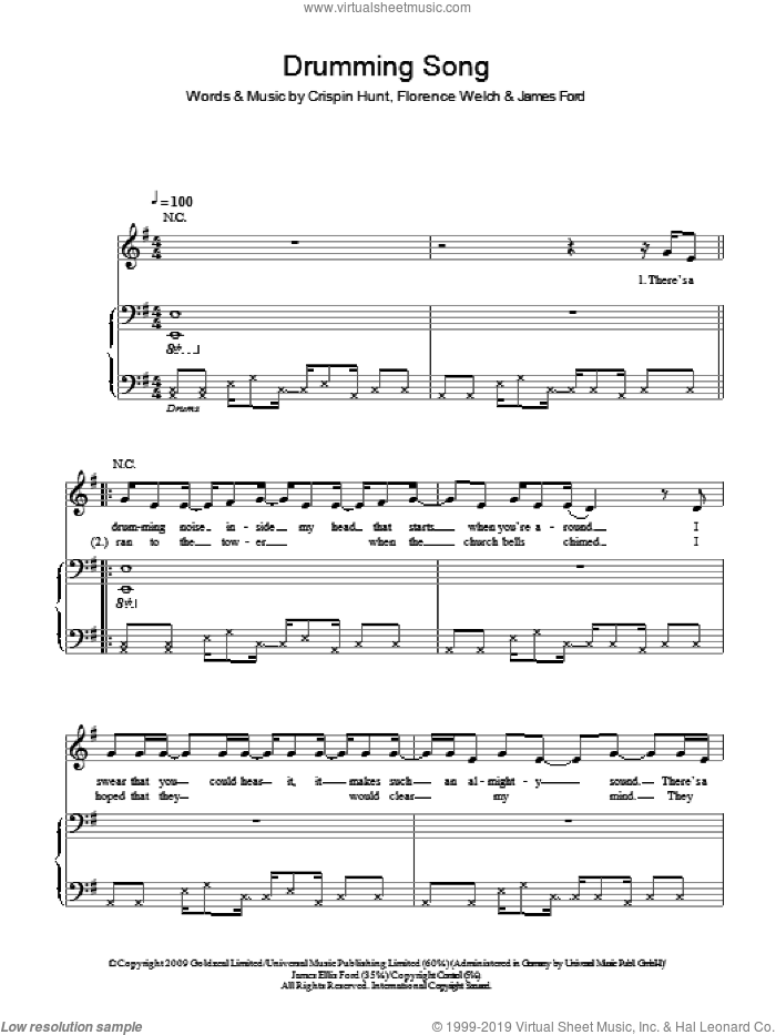 Drumming Song sheet music for voice, piano or guitar by Florence And The Machine, Florence And The  Machine, Crispin Hunt, Florence Welch and James Ford, intermediate skill level