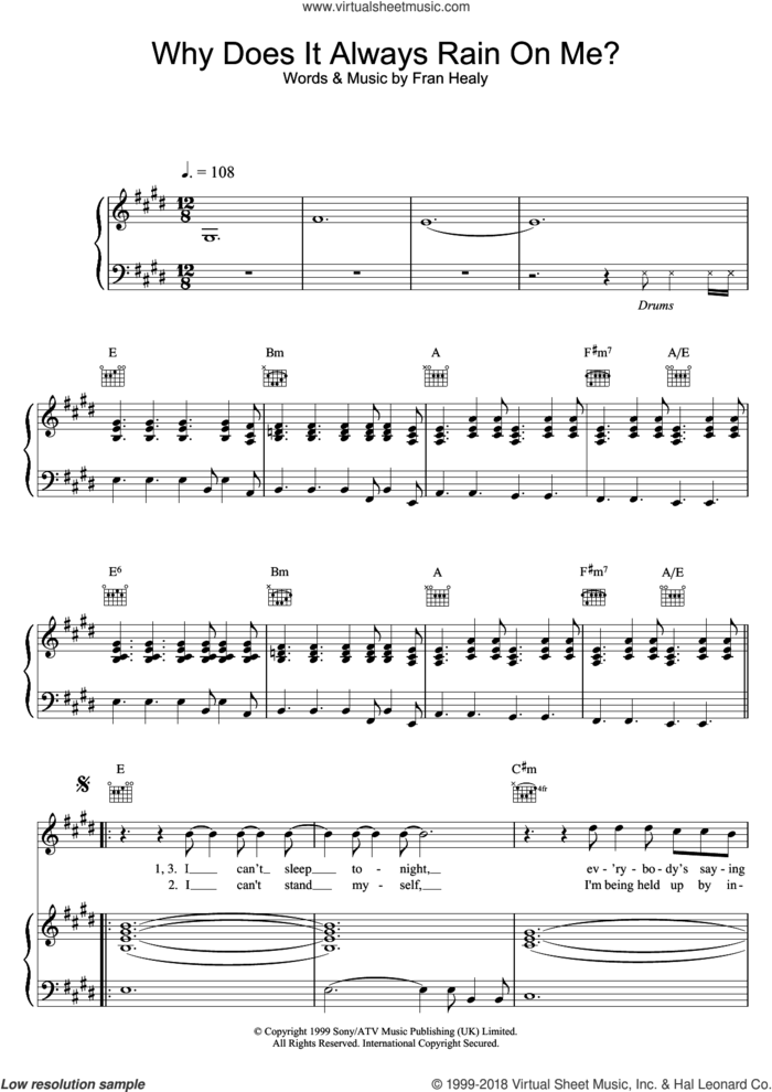 Why Does It Always Rain On Me? sheet music for voice, piano or guitar by Merle Travis and Fran Healy, intermediate skill level