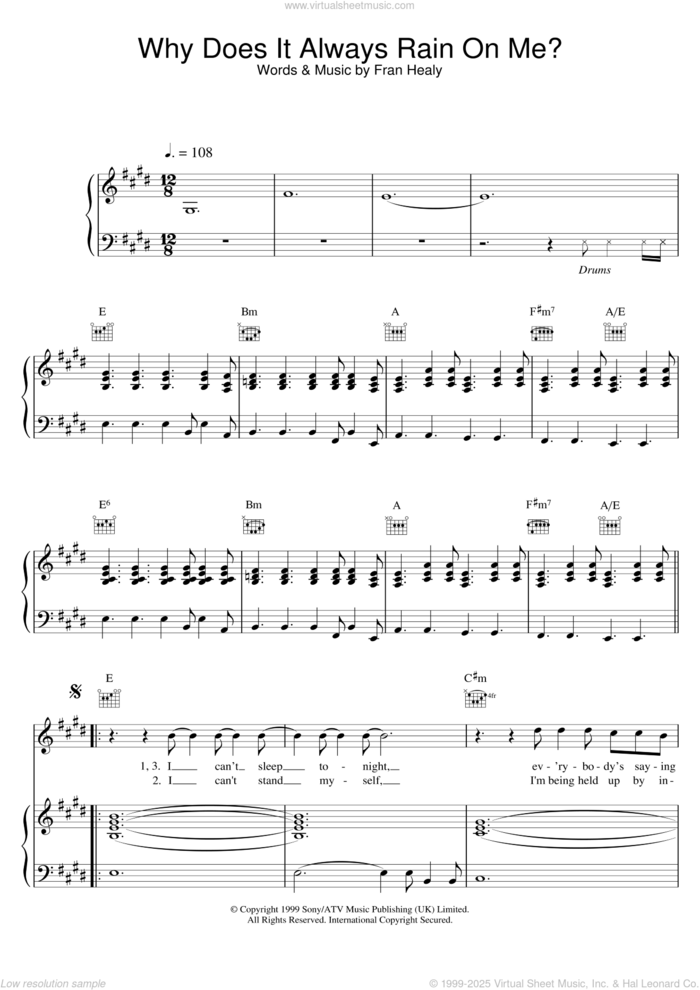 Why Does It Always Rain On Me? sheet music for voice, piano or guitar by Merle Travis and Fran Healy, intermediate skill level