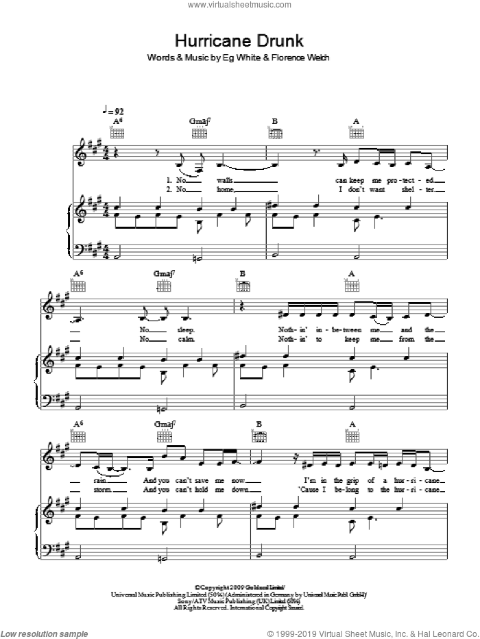 Hurricane Drunk sheet music for voice, piano or guitar by Florence And The Machine, Florence And The  Machine, Eg White and Florence Welch, intermediate skill level