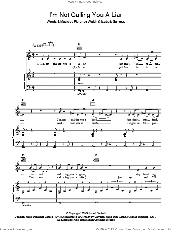 I'm Not Calling You A Liar sheet music for voice, piano or guitar by Florence And The Machine, Florence And The  Machine, Florence Welch and Isabella Summers, intermediate skill level