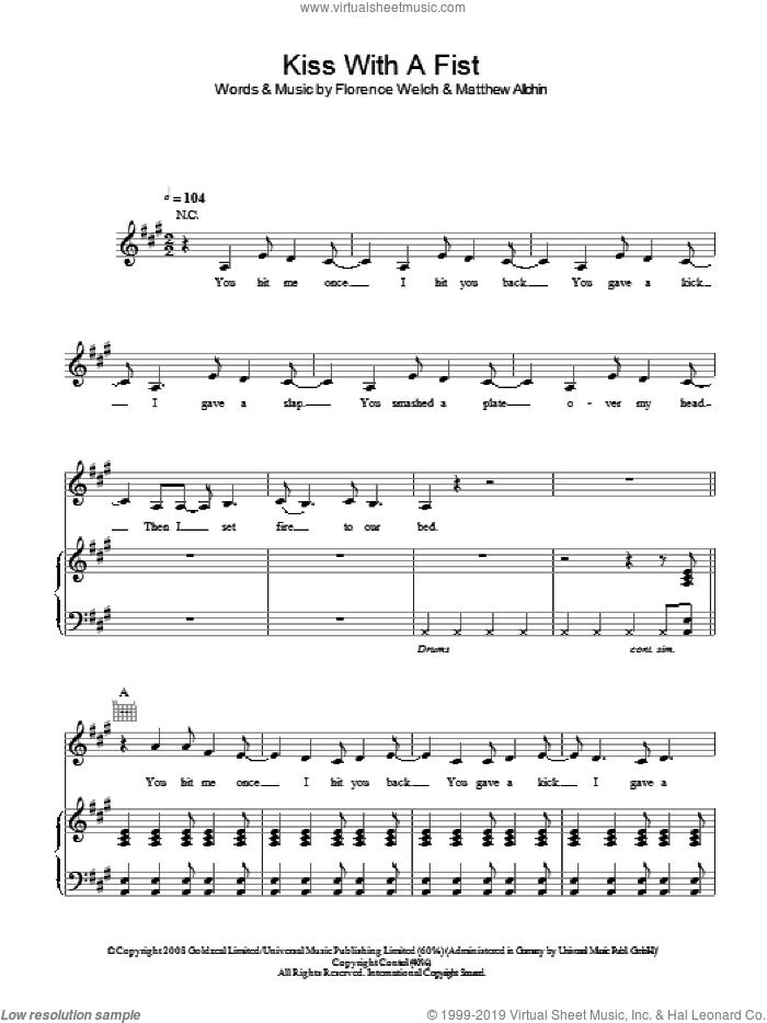 Kiss With A Fist sheet music for voice, piano or guitar by Florence And The Machine, Florence And The  Machine, Florence Welch and Matthew Allchin, intermediate skill level