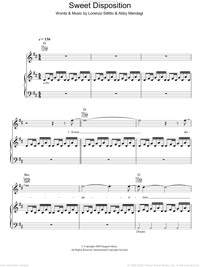 Sweet Disposition sheet music for voice, piano or guitar by The Temper Trap, Abby Mandagi and Lorenzo Sillitto, intermediate skill level