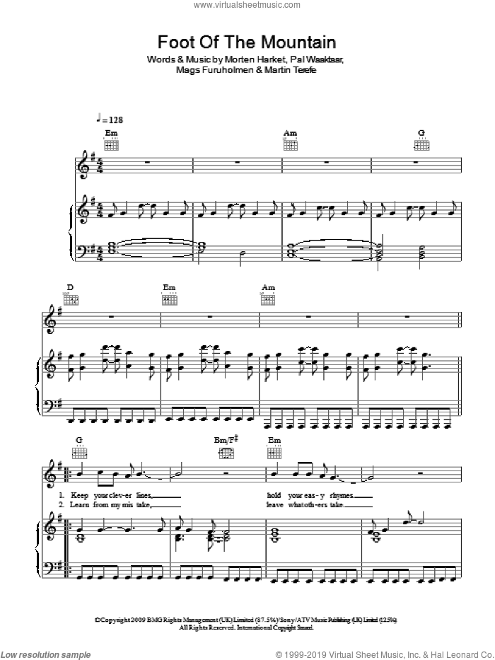 Foot Of The Mountain sheet music for voice, piano or guitar by a-ha, Mags Furuholmen, Martin Terefe, Morten Harket and Pal Waaktaar, intermediate skill level