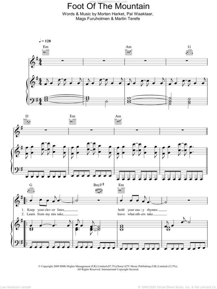 Foot Of The Mountain sheet music for voice, piano or guitar by a-ha, Mags Furuholmen, Martin Terefe, Morten Harket and Pal Waaktaar, intermediate skill level