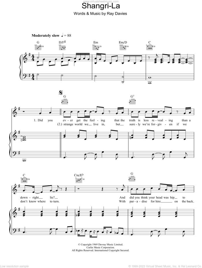 Shangri-La sheet music for voice, piano or guitar by The Rutles and Ray Davies, intermediate skill level