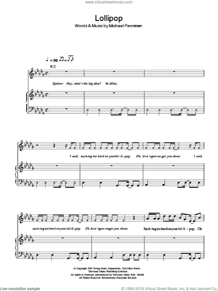 Lollipop sheet music for voice, piano or guitar by Mika and Michael Penniman, intermediate skill level