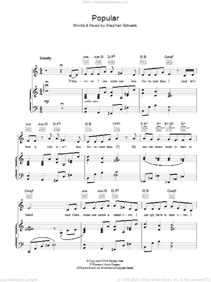 Popular (from Wicked) sheet music for voice, piano or guitar by Stephen Schwartz, intermediate skill level