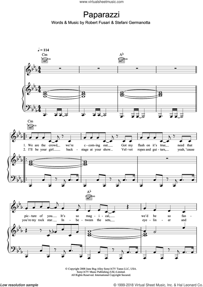 Paparazzi sheet music for voice, piano or guitar by Lady GaGa and Robert Fusari, intermediate skill level
