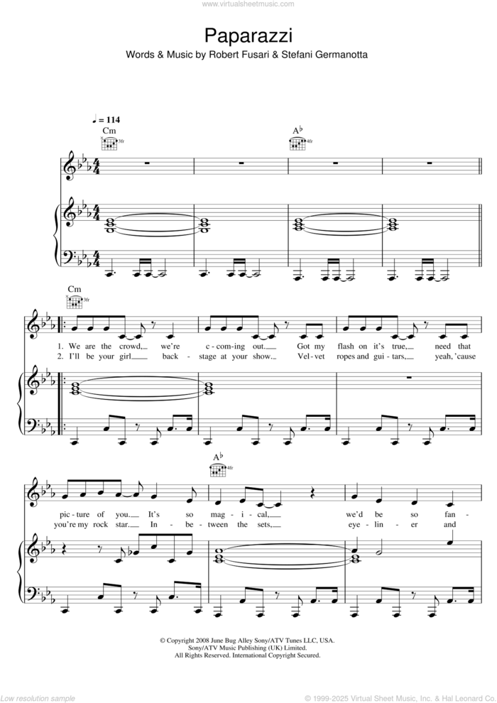 Paparazzi sheet music for voice, piano or guitar by Lady GaGa and Robert Fusari, intermediate skill level