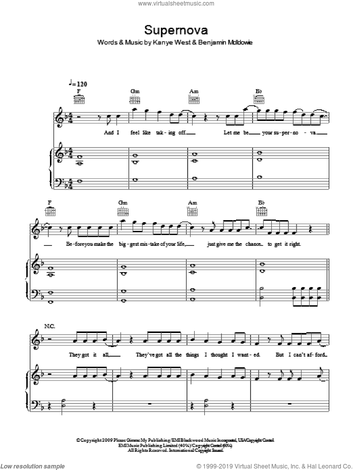 Supernova sheet music for voice, piano or guitar by Mr. Hudson featuring Kanye West, Benjamin McIldowie and Kanye West, intermediate skill level